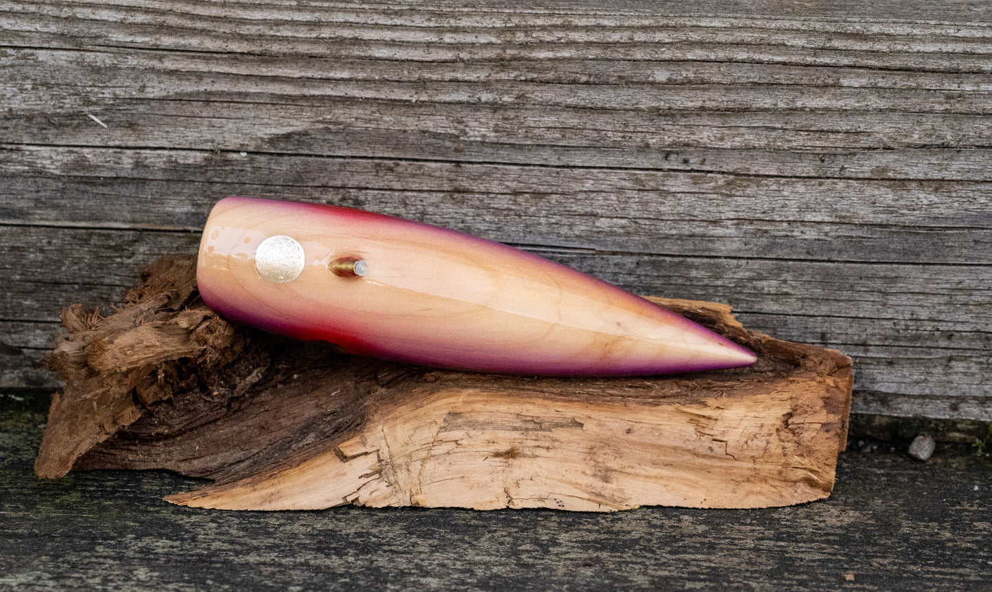 Medium Signature - Turquoise back with red eye and purple stripe over wood grain with UV