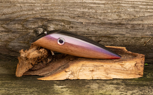 Medium Signature - Black rainbow fleck back with purple stripe over Yew burl with UV