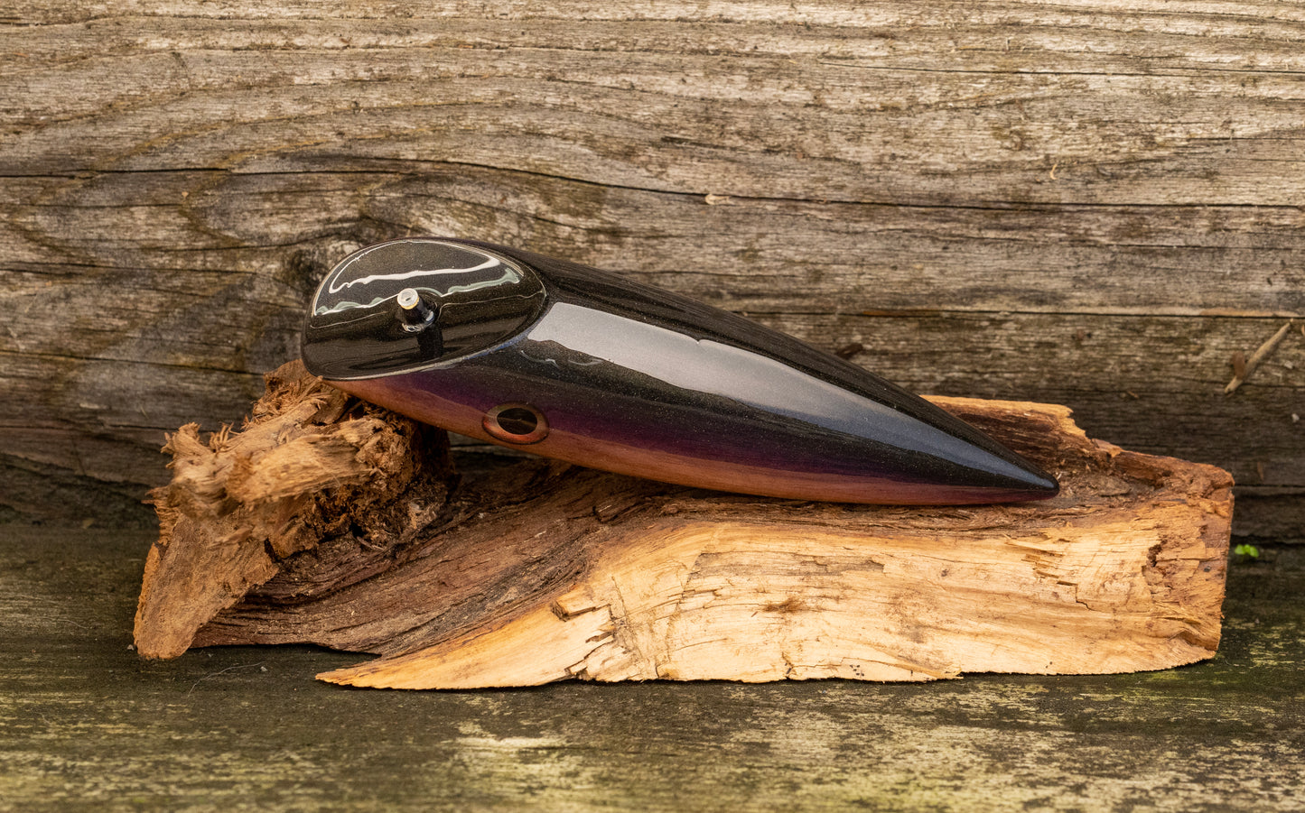 Medium Signature - Black rainbow fleck back with purple stripe over Yew burl with UV