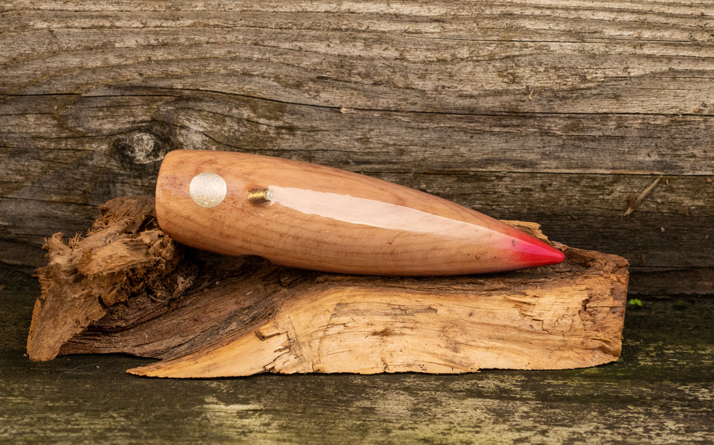 Medium Signature - Black rainbow fleck back with purple stripe over Yew burl with UV