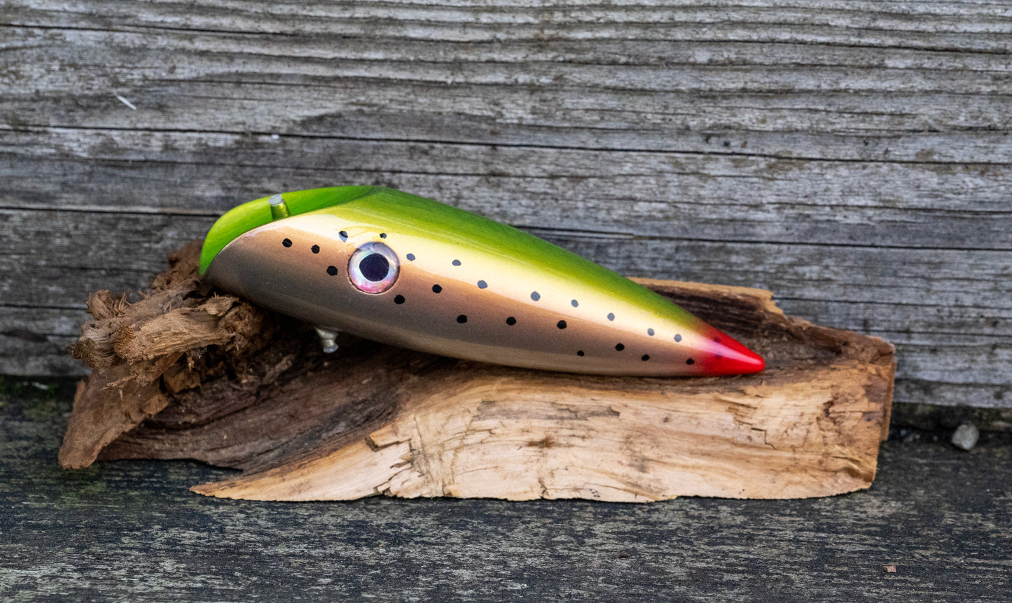 Medium Tyee Pool Special - Green scale back with pink stripe and spots over metallic base with UV