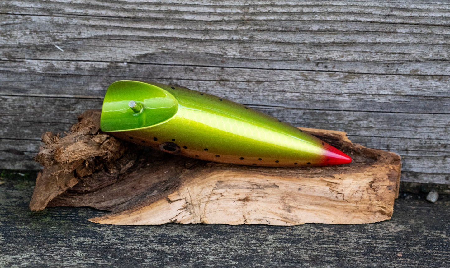 Medium Tyee Pool Special - Green scale back with pink stripe and spots over metallic base with UV