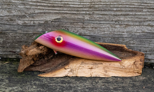 Medium Signature - Turquoise back with red eye and purple stripe over wood grain with UV