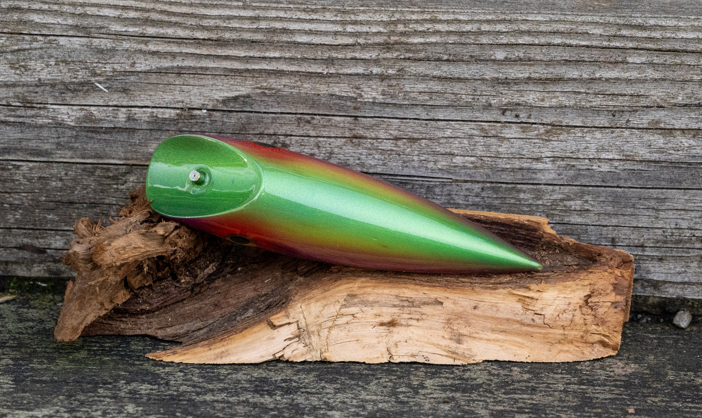 Medium Signature - Turquoise back with red eye and purple stripe over wood grain with UV