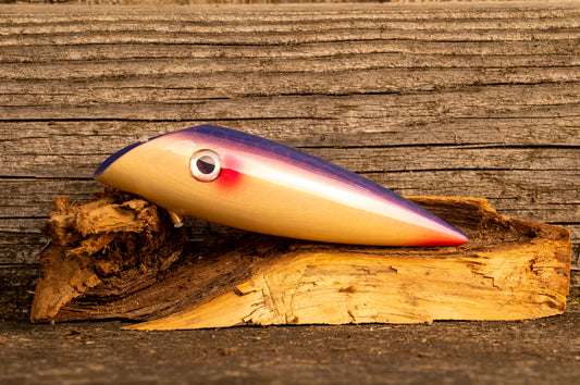 Medium Signature - Blue scale with rainbow fleck and red accents over woodgrain with UV