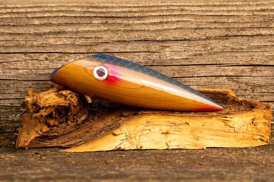 Medium Signature - Blue scale with red accents over woodgrain with UV