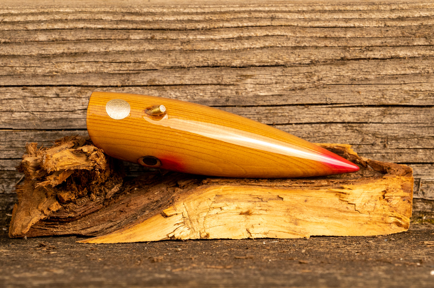 Medium Signature - Blue scale with red accents over woodgrain with UV