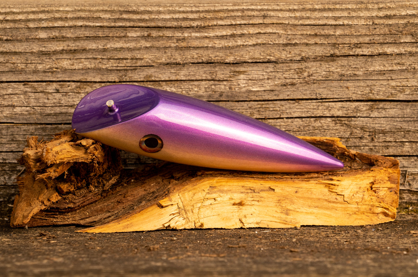 Medium Signature - Purple back over woodgrain with UV