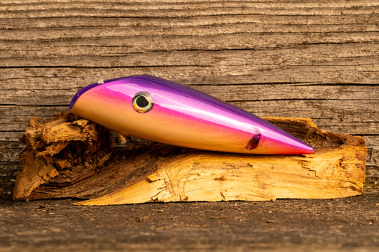 Medium Signature - Purple back and pink stripe with red accents over woodgrain with UV