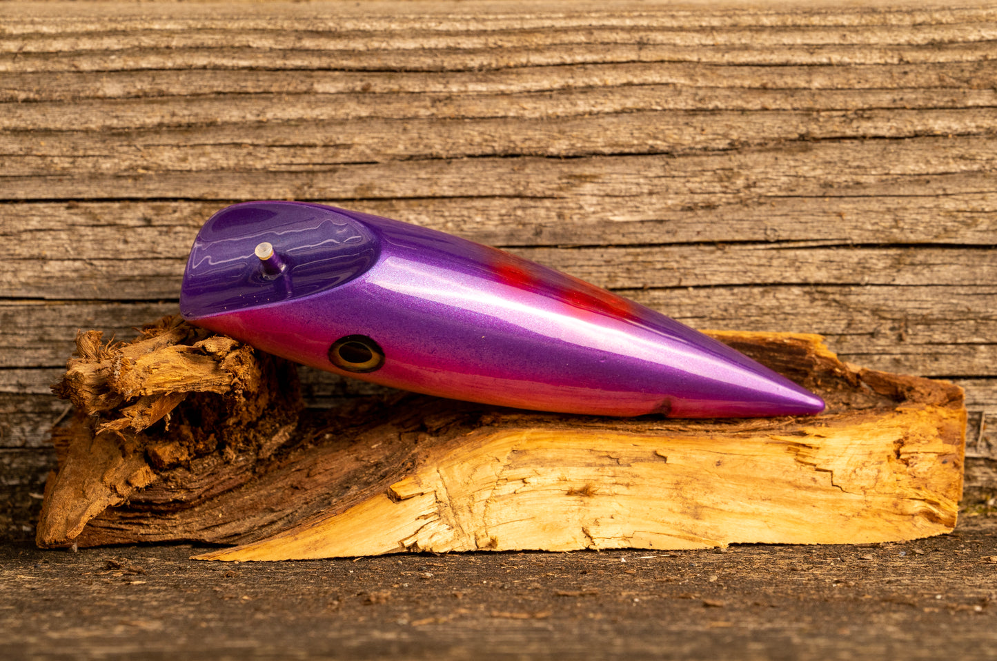 Medium Signature - Purple back and pink stripe with red accents over woodgrain with UV
