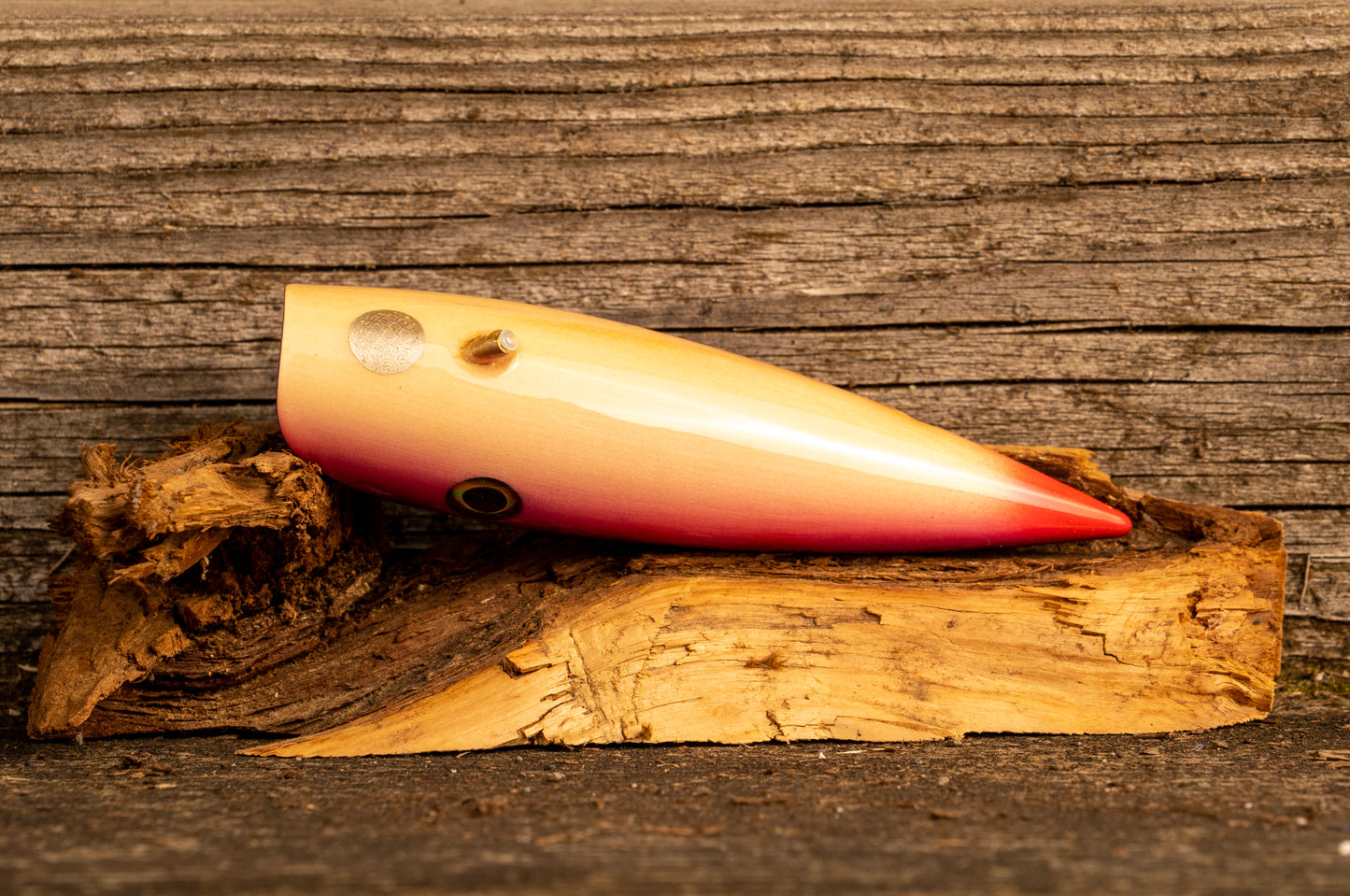 Medium Signature - Purple back and pink stripe with red accents over woodgrain with UV